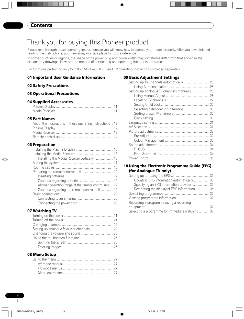 Pioneer PDP-505HDE User Manual | Page 4 / 176