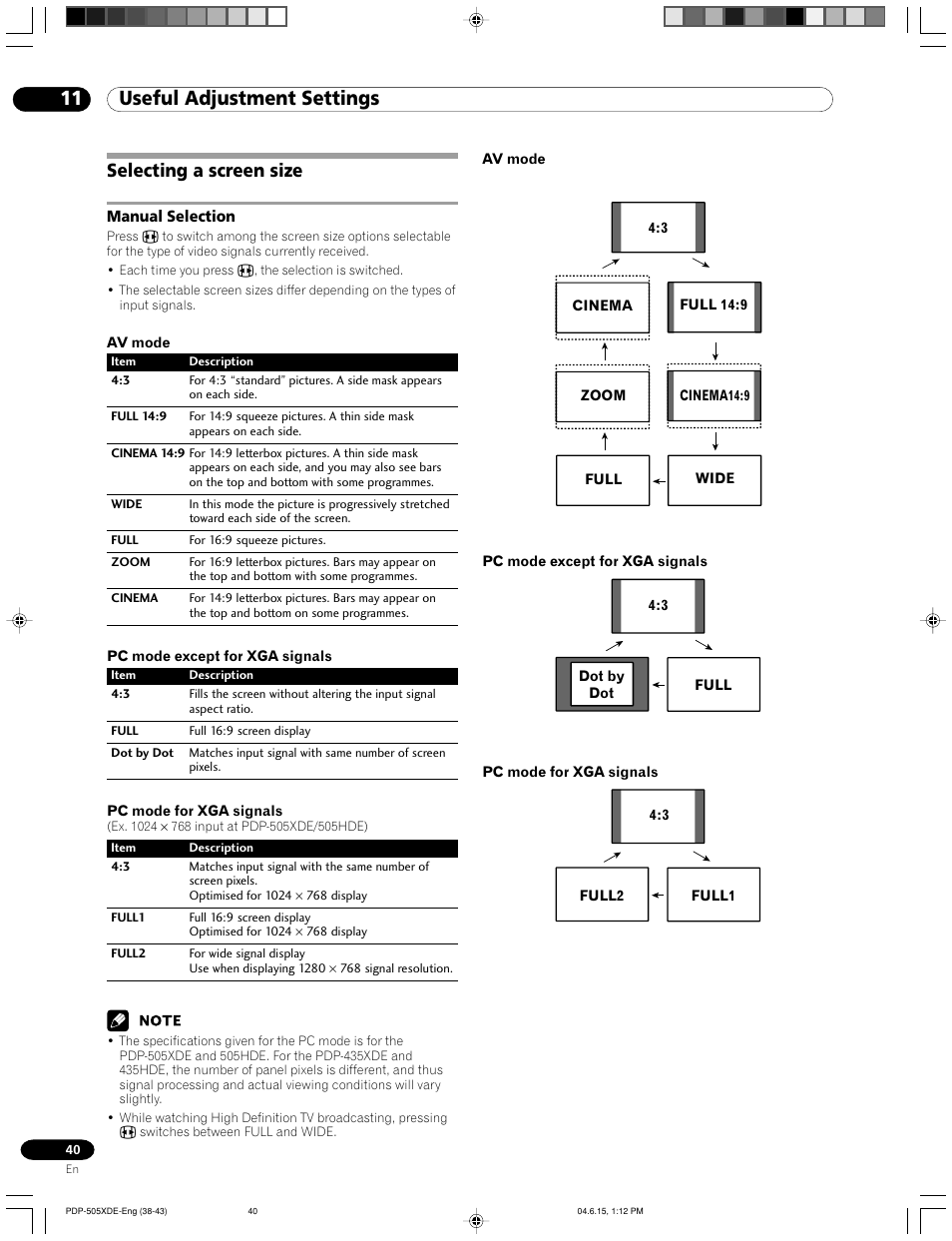 Selecting a screen size, Manual selection, 11 useful adjustment settings | Pioneer PDP-505HDE User Manual | Page 40 / 176