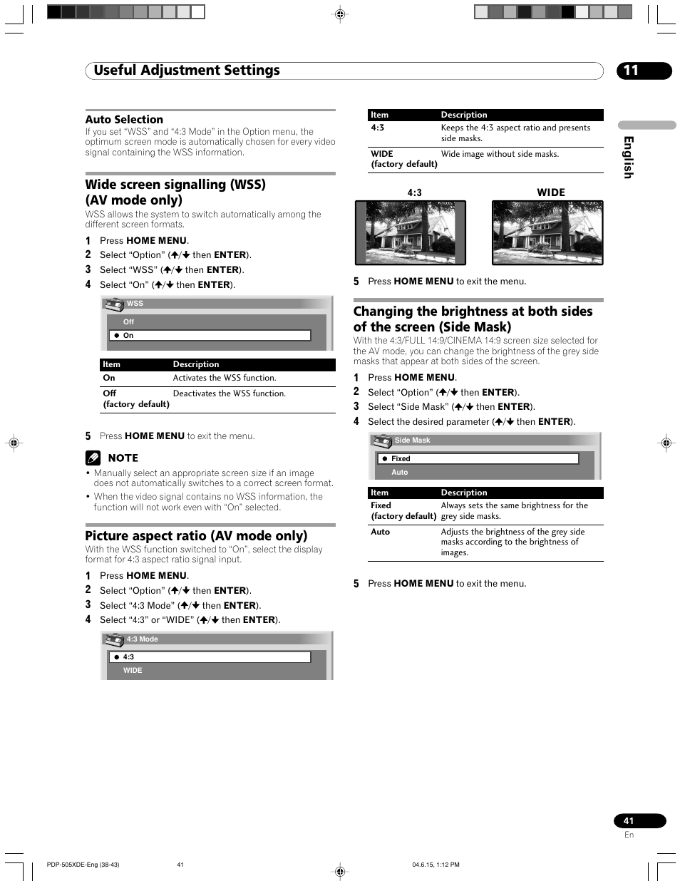 Auto selection, 11 useful adjustment settings, Wide screen signalling (wss) (av mode only) | Picture aspect ratio (av mode only), English | Pioneer PDP-505HDE User Manual | Page 41 / 176