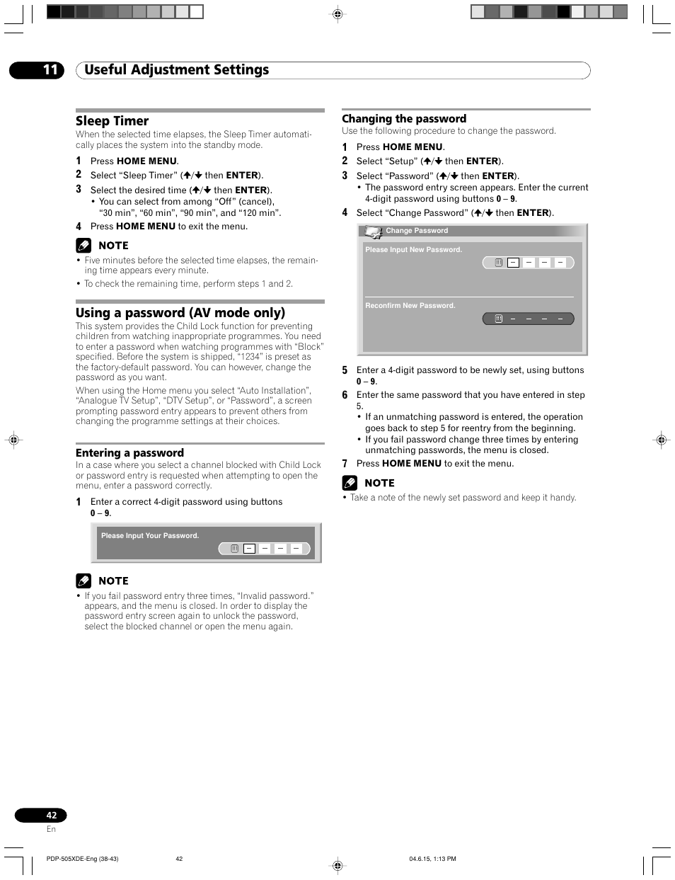 Sleep timer using a password (av mode only), Entering a password changing the password, 11 useful adjustment settings | Sleep timer, Using a password (av mode only) | Pioneer PDP-505HDE User Manual | Page 42 / 176