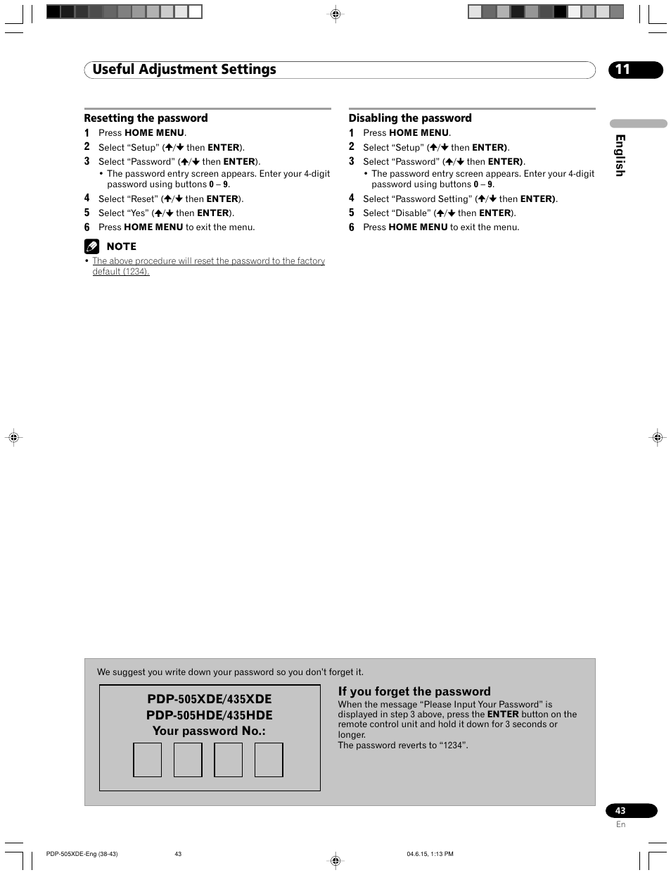 Resetting the password disabling the password, 11 useful adjustment settings | Pioneer PDP-505HDE User Manual | Page 43 / 176