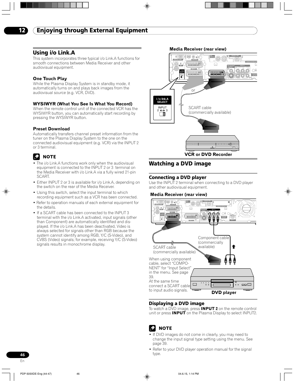 Using i/o link.a watching a dvd image, Connecting a dvd player displaying a dvd image, 12 enjoying through external equipment | Using i/o link.a, Watching a dvd image, Connecting a dvd player, Displaying a dvd image, One touch play, Wysiwyr (what you see is what you record), Preset download | Pioneer PDP-505HDE User Manual | Page 46 / 176