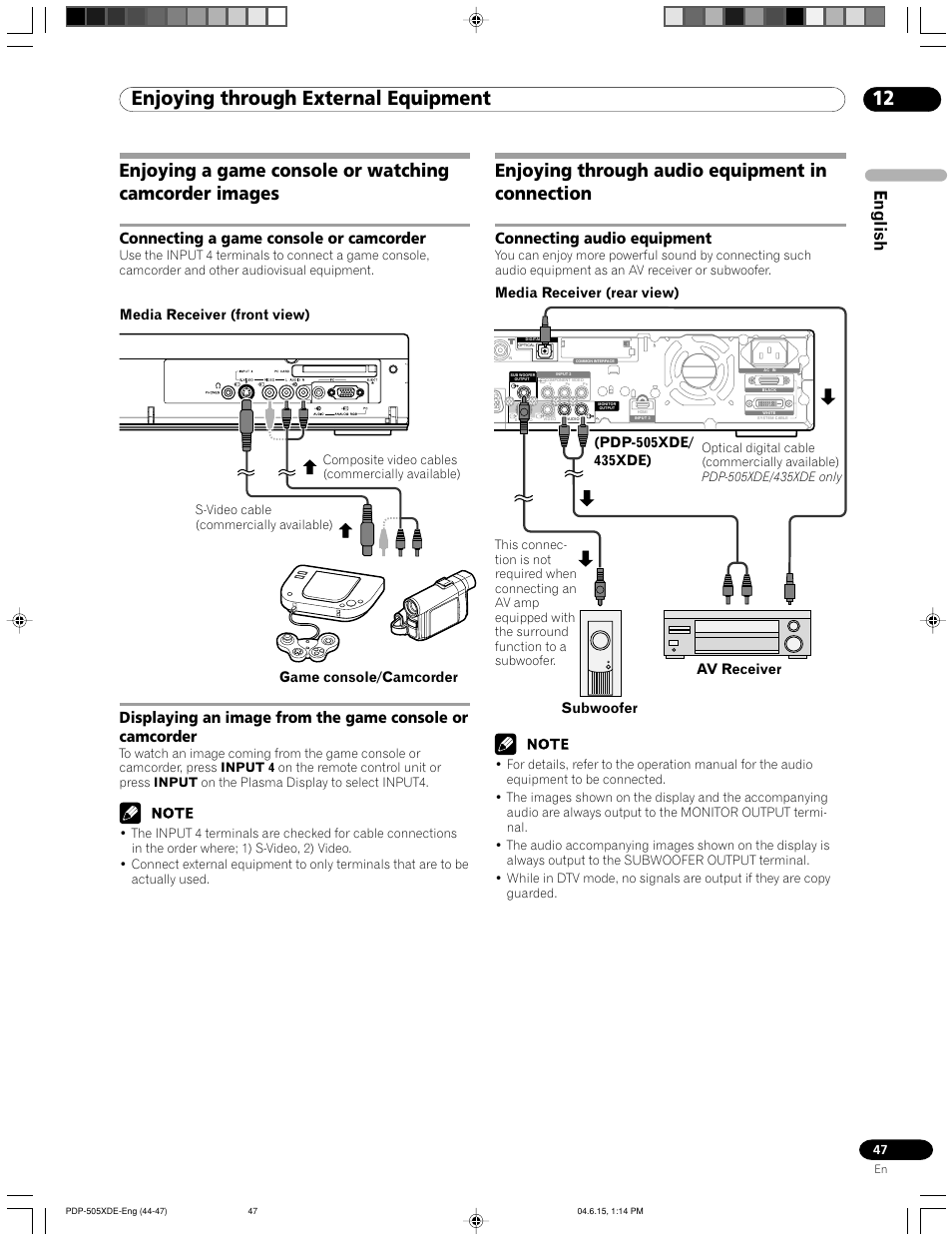 Enjoying through audio equipment in connection, Connecting audio equipment, 12 enjoying through external equipment | English, Connecting a game console or camcorder, Media receiver (front view) game console/camcorder, Media receiver (rear view), S-video cable (commercially available) | Pioneer PDP-505HDE User Manual | Page 47 / 176