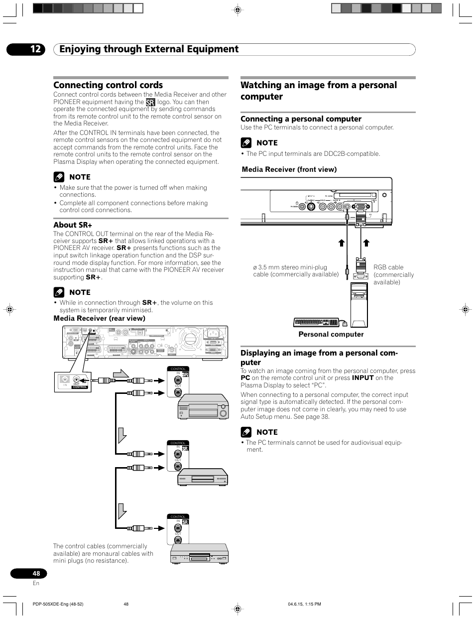 Connecting control cords, About sr, Watching an image from a personal computer | 12 enjoying through external equipment, Connecting a personal computer, Displaying an image from a personal com- puter, Media receiver (front view), Personal computer, Media receiver (rear view) | Pioneer PDP-505HDE User Manual | Page 48 / 176