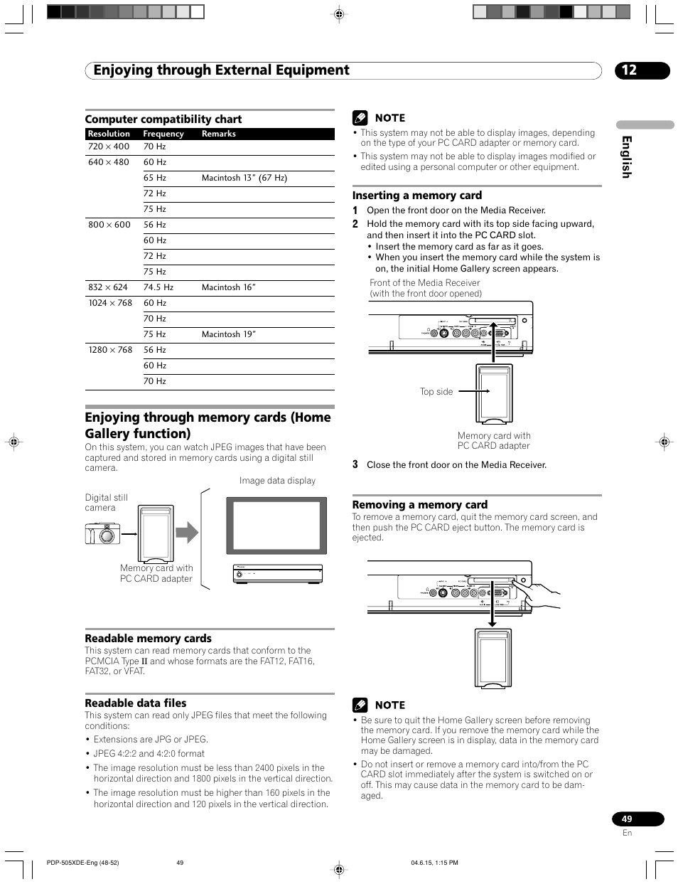 Computer compatibility chart, 12 enjoying through external equipment, English | Pioneer PDP-505HDE User Manual | Page 49 / 176