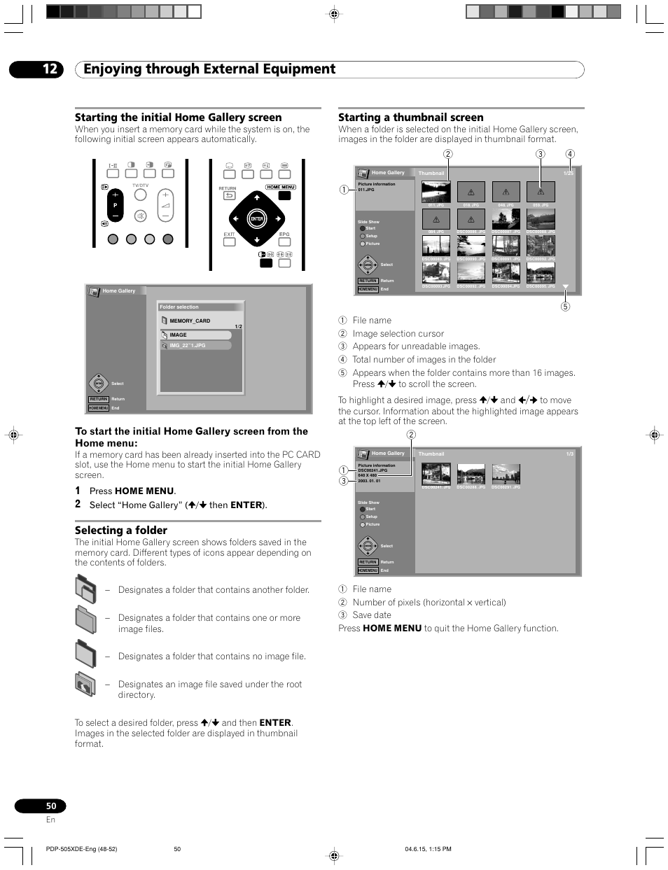 12 enjoying through external equipment, Selecting a folder, Starting the initial home gallery screen | Starting a thumbnail screen, Press home menu, Select “home gallery” ( / then enter ) | Pioneer PDP-505HDE User Manual | Page 50 / 176