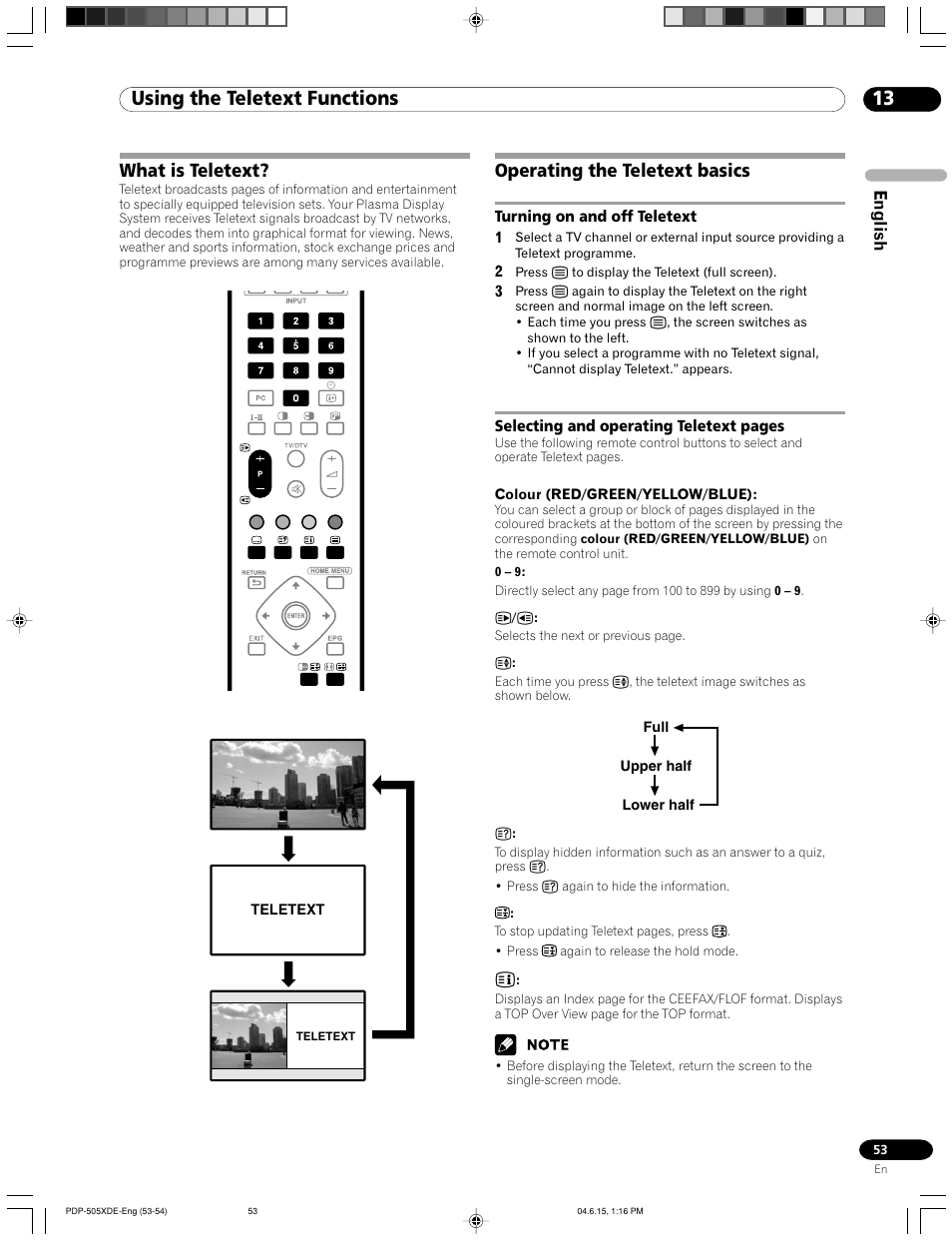 13 using the teletext functions, What is teletext? operating the teletext basics, What is teletext | Operating the teletext basics, English | Pioneer PDP-505HDE User Manual | Page 53 / 176