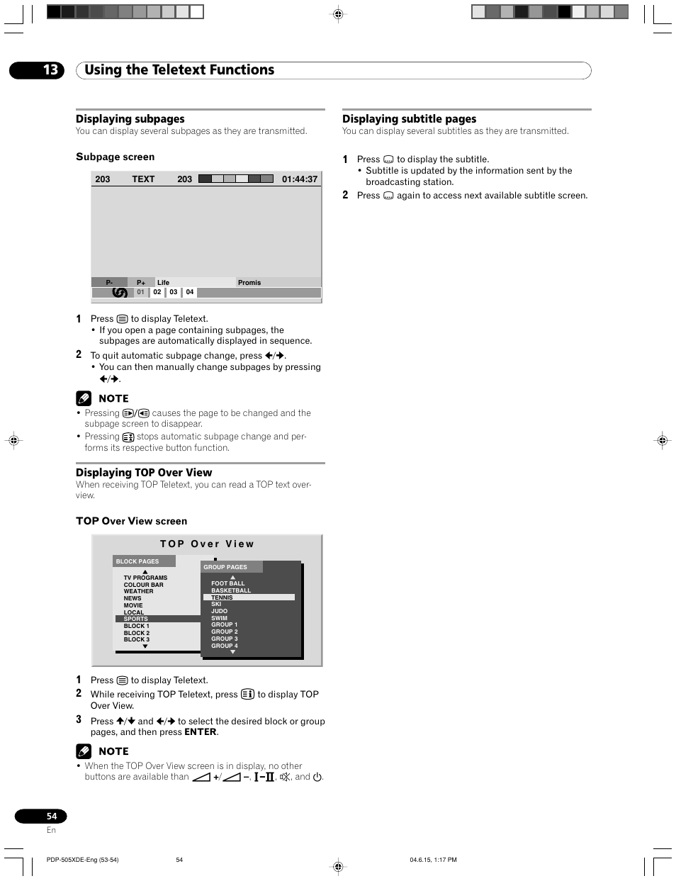 13 using the teletext functions | Pioneer PDP-505HDE User Manual | Page 54 / 176
