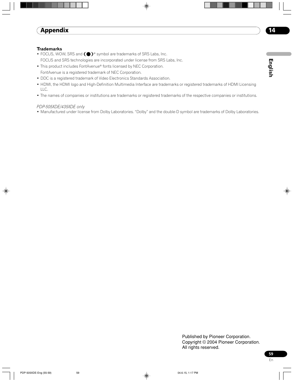 Appendix, English | Pioneer PDP-505HDE User Manual | Page 59 / 176