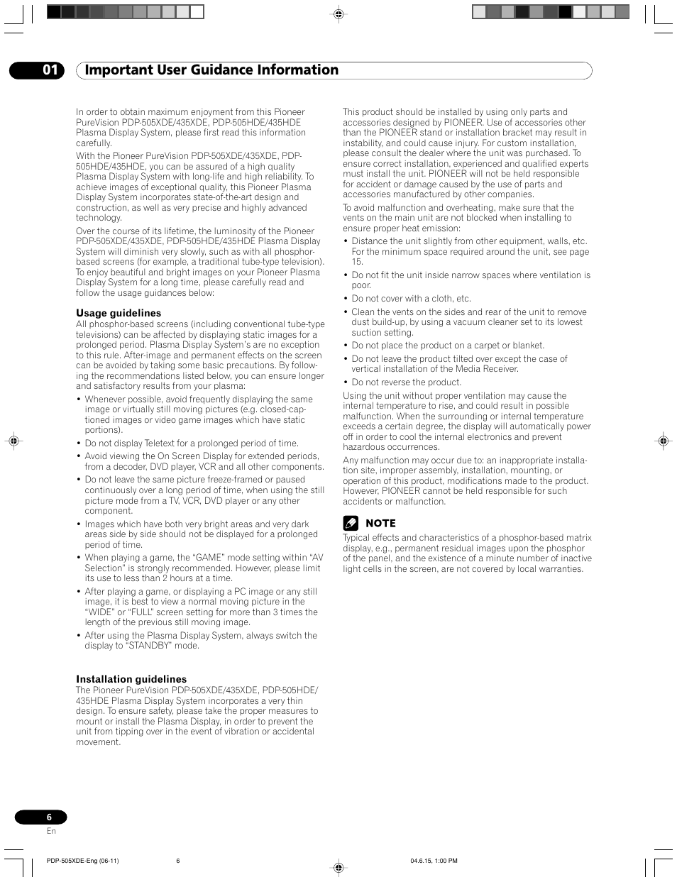 01 important user guidance information | Pioneer PDP-505HDE User Manual | Page 6 / 176