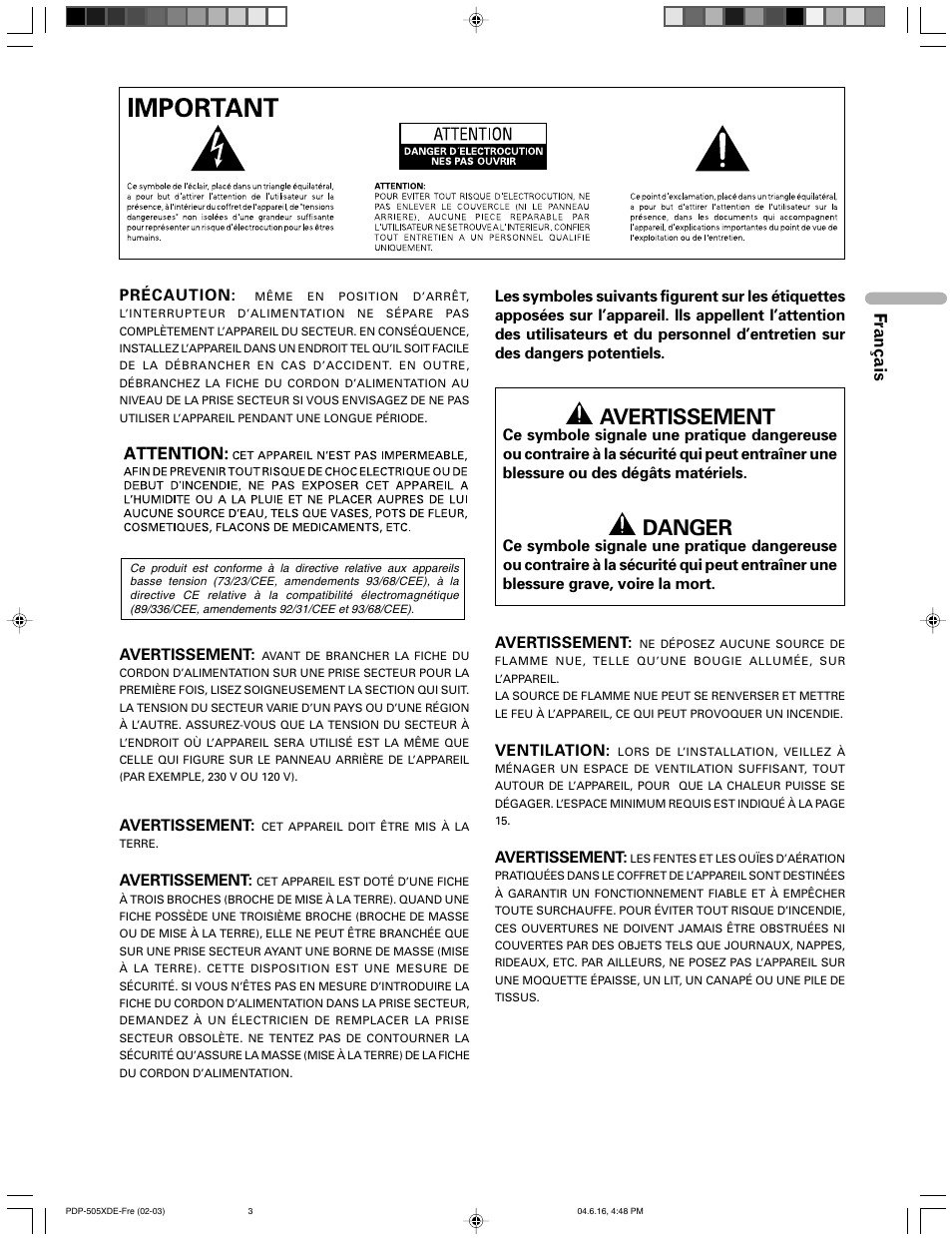 Avertissement, Danger, Français | Pioneer PDP-505HDE User Manual | Page 61 / 176