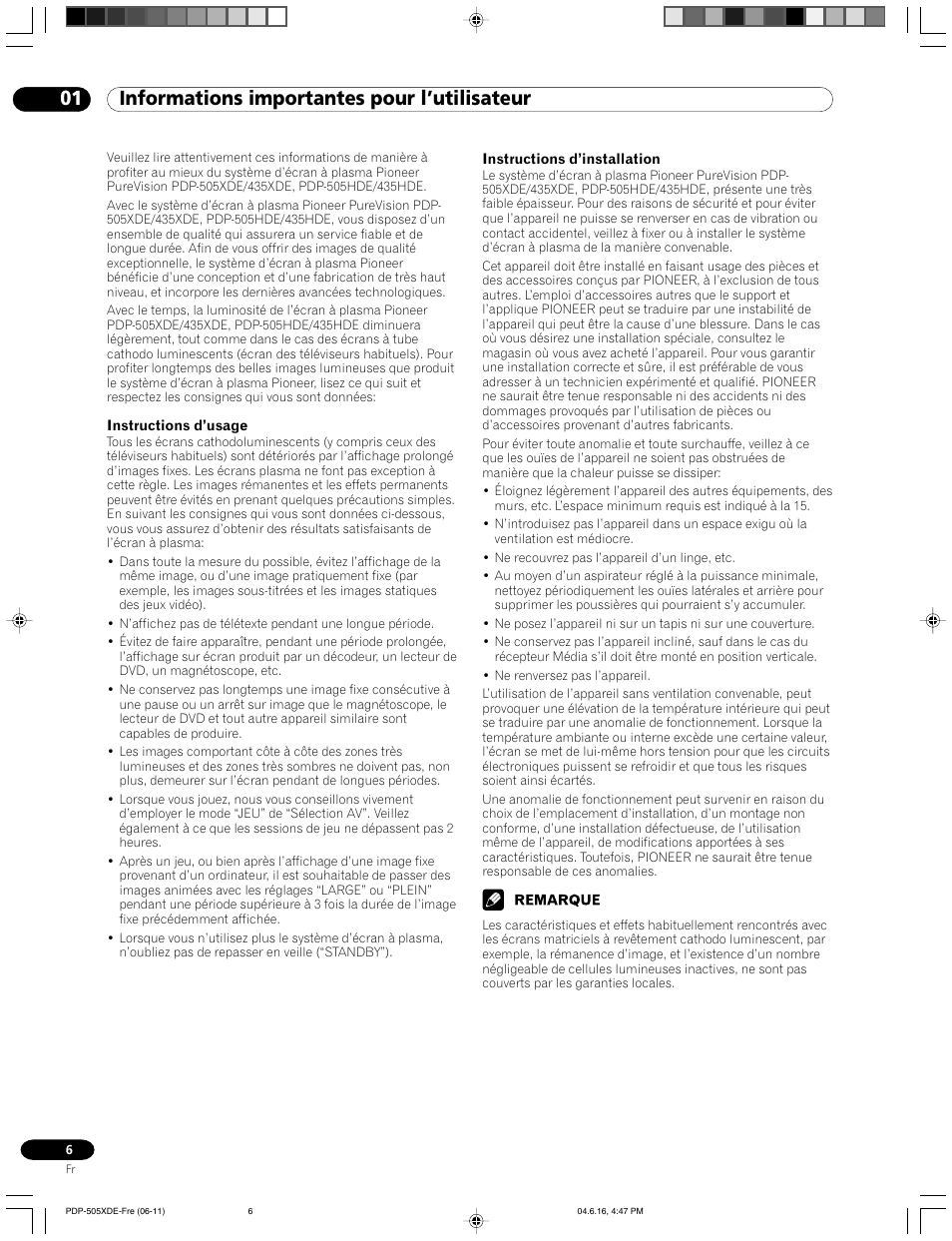 01 informations importantes pour l’utilisateur | Pioneer PDP-505HDE User Manual | Page 64 / 176