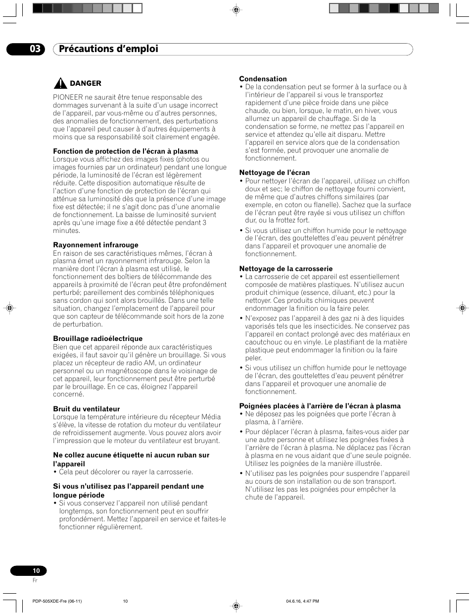 03 précautions d’emploi | Pioneer PDP-505HDE User Manual | Page 68 / 176