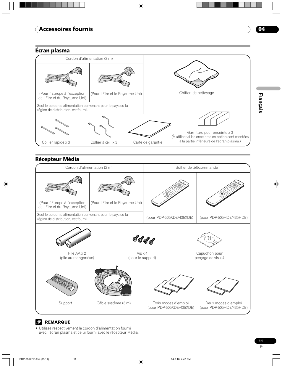 04 accessoires fournis, Écran plasma récepteur média, Récepteur média | Écran plasma, Français | Pioneer PDP-505HDE User Manual | Page 69 / 176