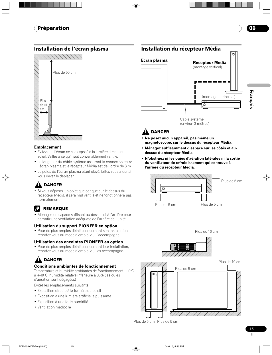 06 préparation, Installation de l’écran plasma, Installation du récepteur média | Français | Pioneer PDP-505HDE User Manual | Page 73 / 176