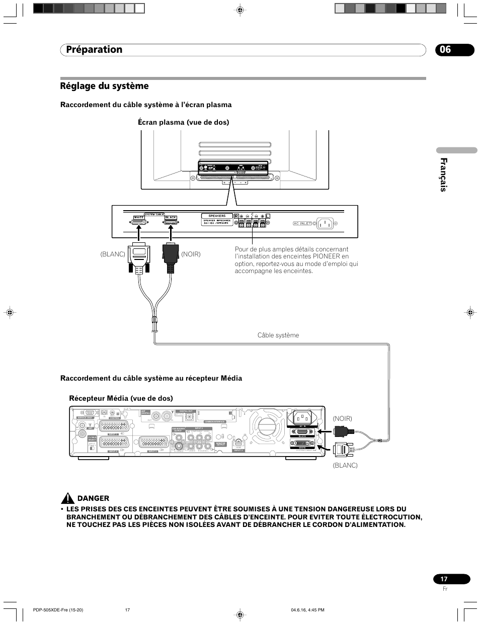 Réglage du système, 06 préparation, Français | Raccordement du câble système à l’écran plasma, Raccordement du câble système au récepteur média, Écran plasma (vue de dos), Récepteur média (vue de dos), Blanc) (noir) câble système, Blanc) (noir) | Pioneer PDP-505HDE User Manual | Page 75 / 176