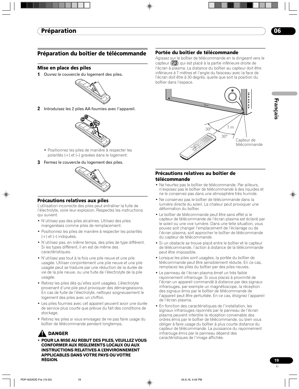 Préparation du boîtier de télécommande, 06 préparation, Fran ç ais | Pioneer PDP-505HDE User Manual | Page 77 / 176