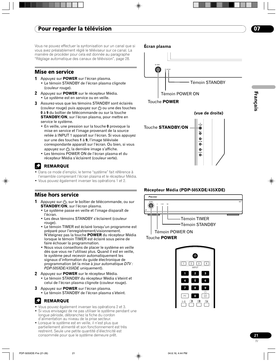 07 pour regarder la télévision, Mise en service mise hors service, Mise en service | Mise hors service | Pioneer PDP-505HDE User Manual | Page 79 / 176