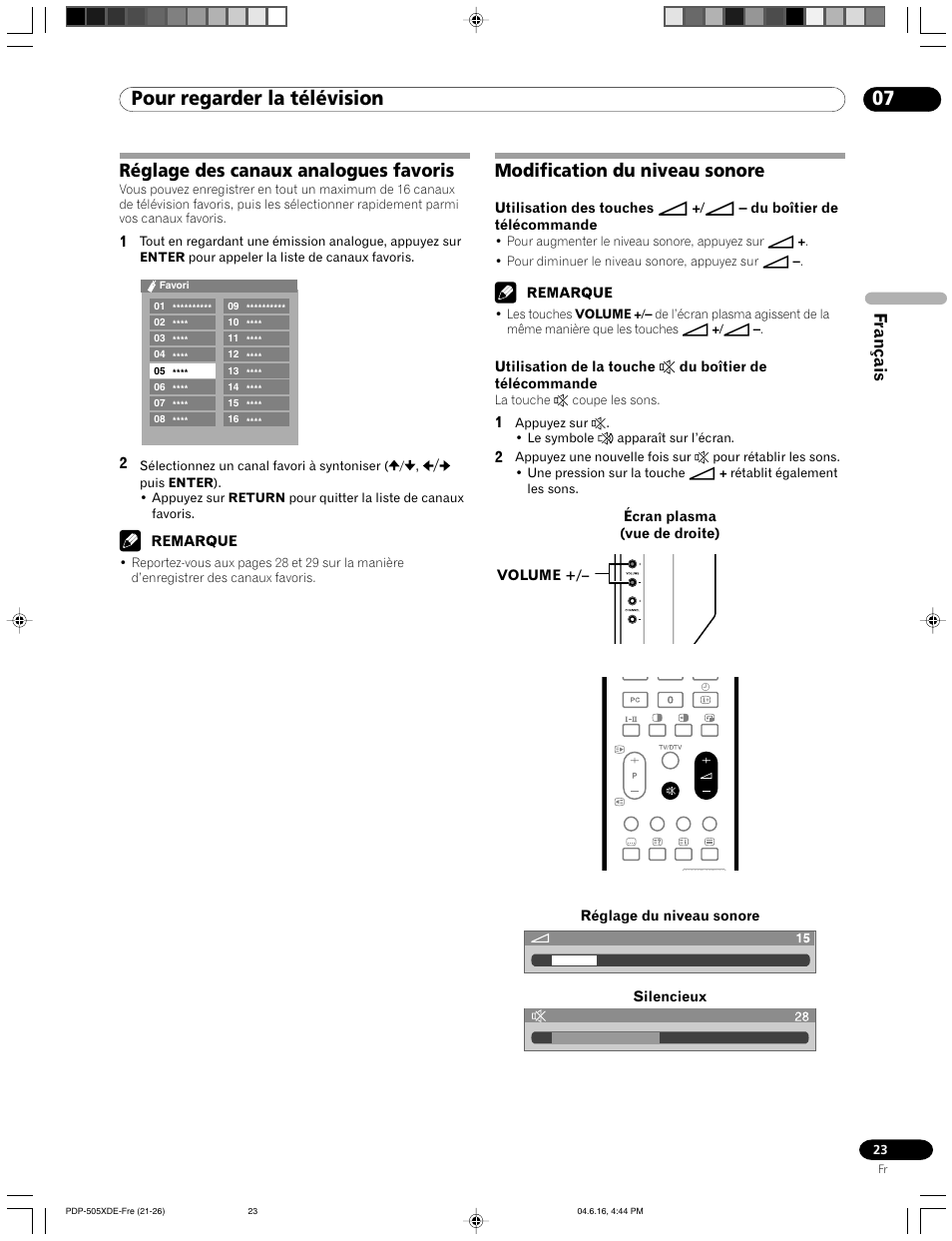 07 pour regarder la télévision, Réglage des canaux analogues favoris, Modification du niveau sonore | Français | Pioneer PDP-505HDE User Manual | Page 81 / 176