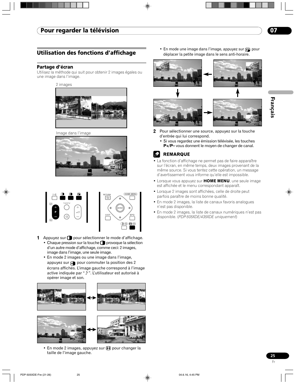 Utilisation des fonctions d’affichage, Partage d’écran, 07 pour regarder la télévision | Français | Pioneer PDP-505HDE User Manual | Page 83 / 176