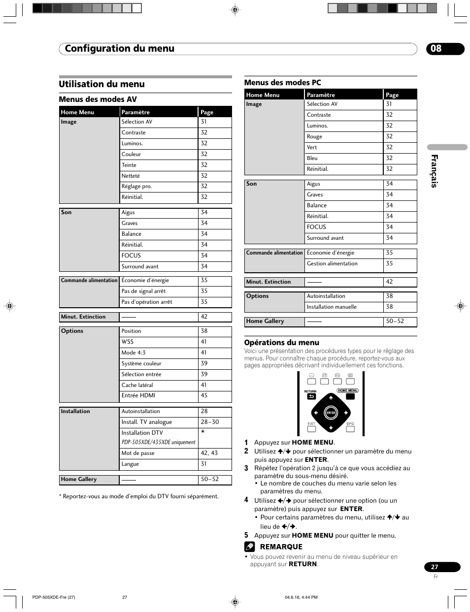 08 configuration du menu, Utilisation du menu, Configuration du menu | Français | Pioneer PDP-505HDE User Manual | Page 85 / 176