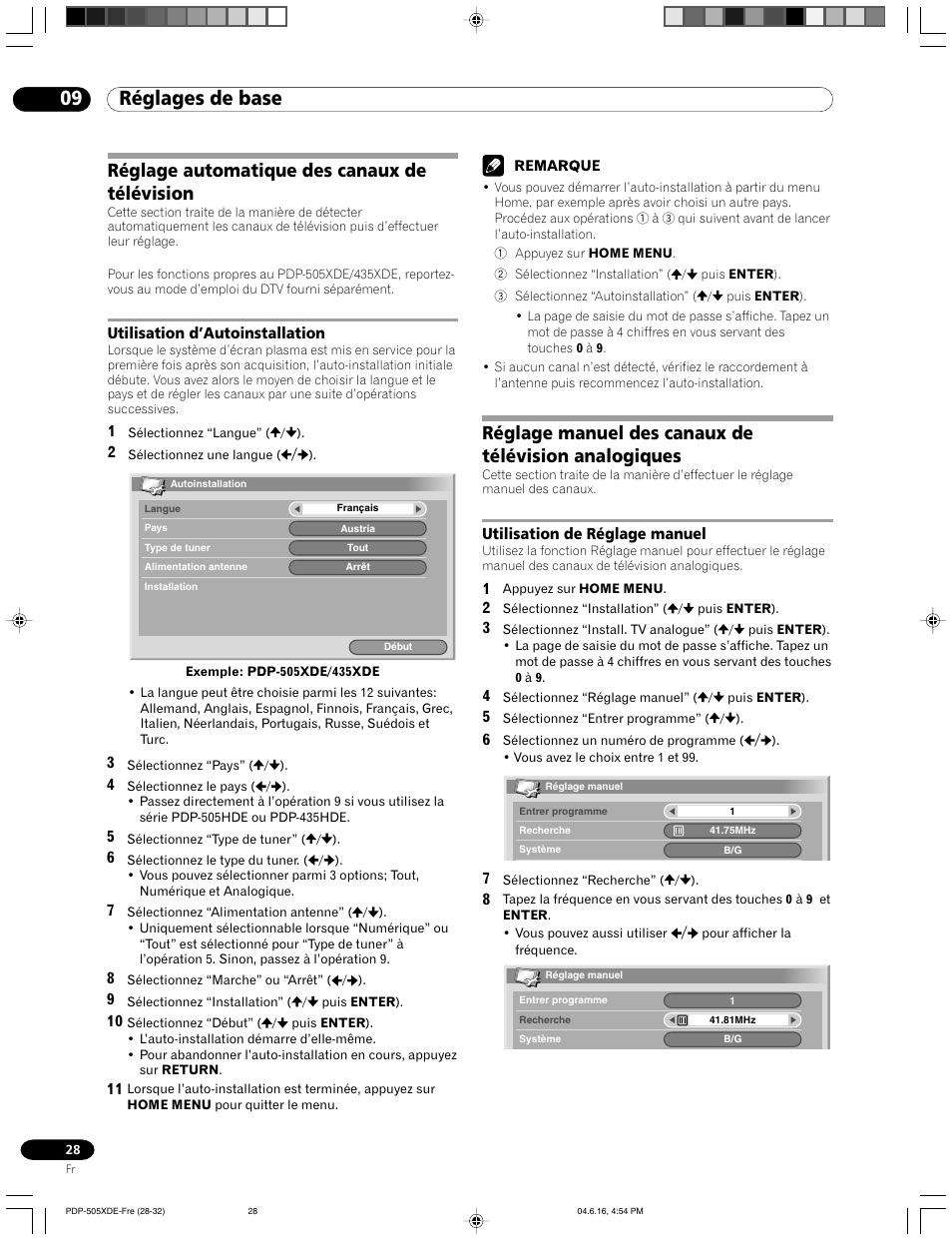 09 réglages de base, Réglage automatique des canaux de télévision, Utilisation d’autoinstallation | Utilisation de réglage manuel | Pioneer PDP-505HDE User Manual | Page 86 / 176