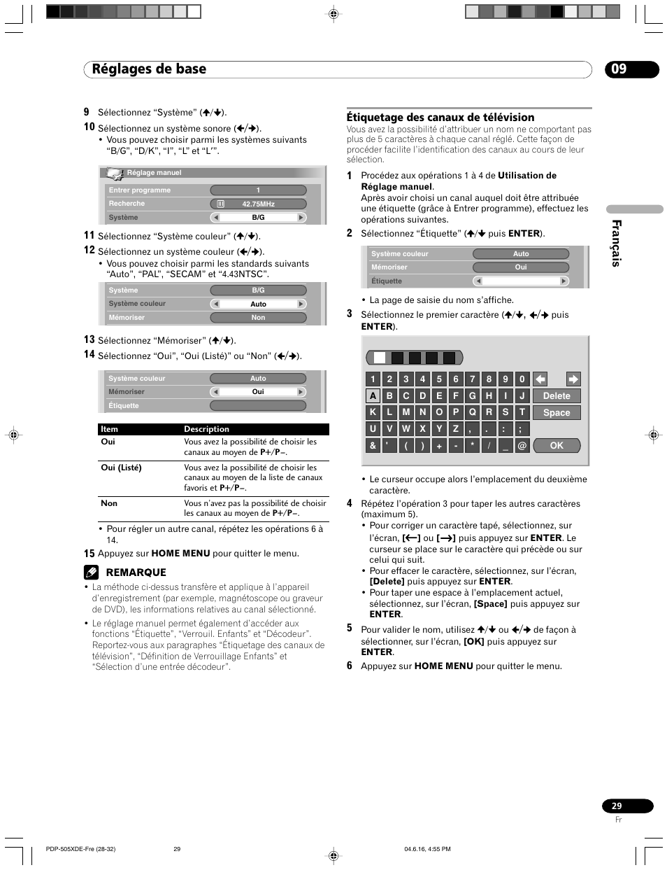 Étiquetage des canaux de télévision, Réglages de base, Français | Pioneer PDP-505HDE User Manual | Page 87 / 176