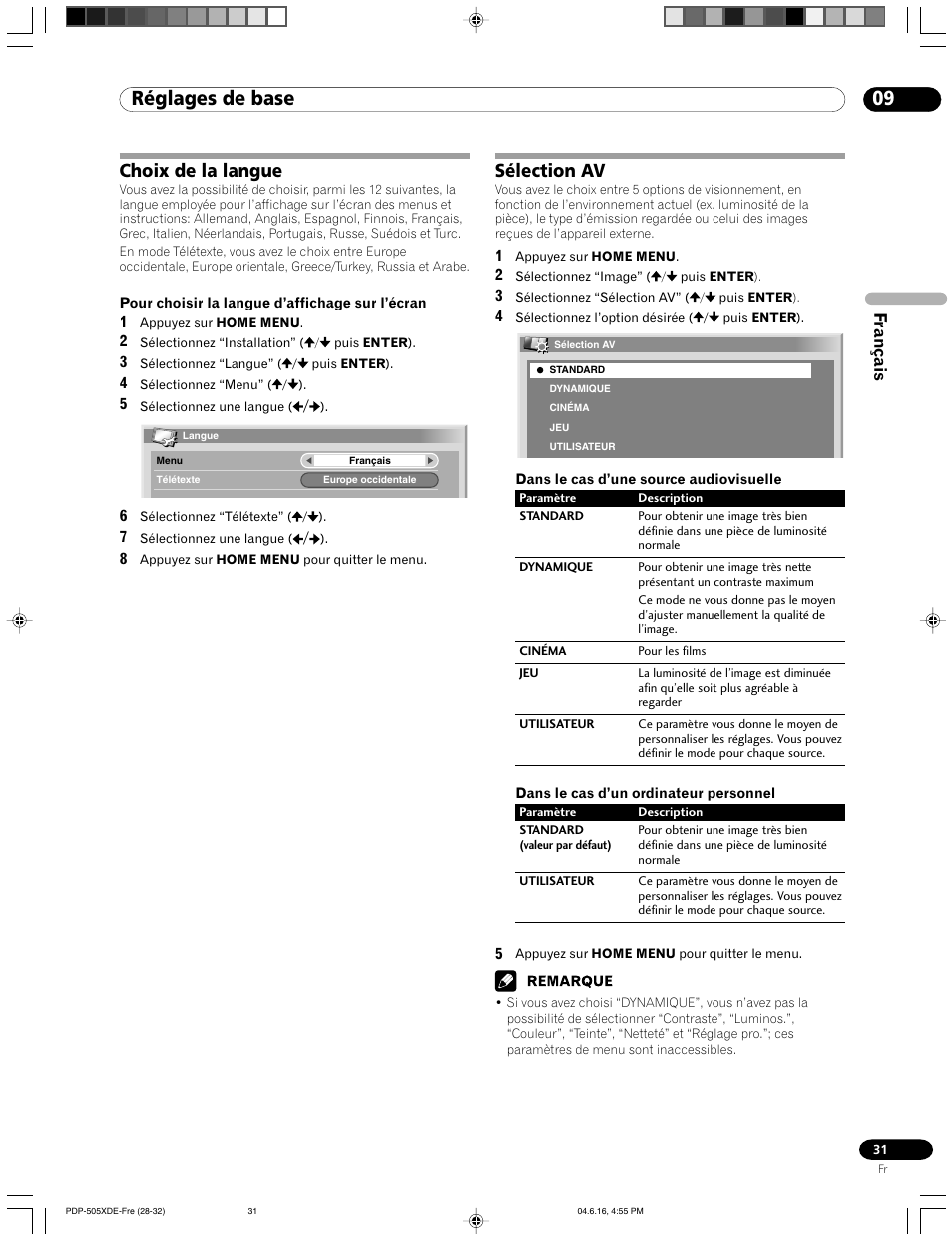 Choix de la langue sélection av, Réglages de base, Choix de la langue | Sélection av, Français | Pioneer PDP-505HDE User Manual | Page 89 / 176