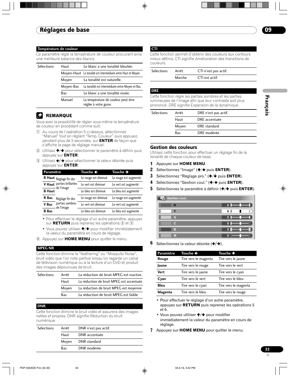 Gestion des couleurs, 09 réglages de base, Français | Pioneer PDP-505HDE User Manual | Page 91 / 176