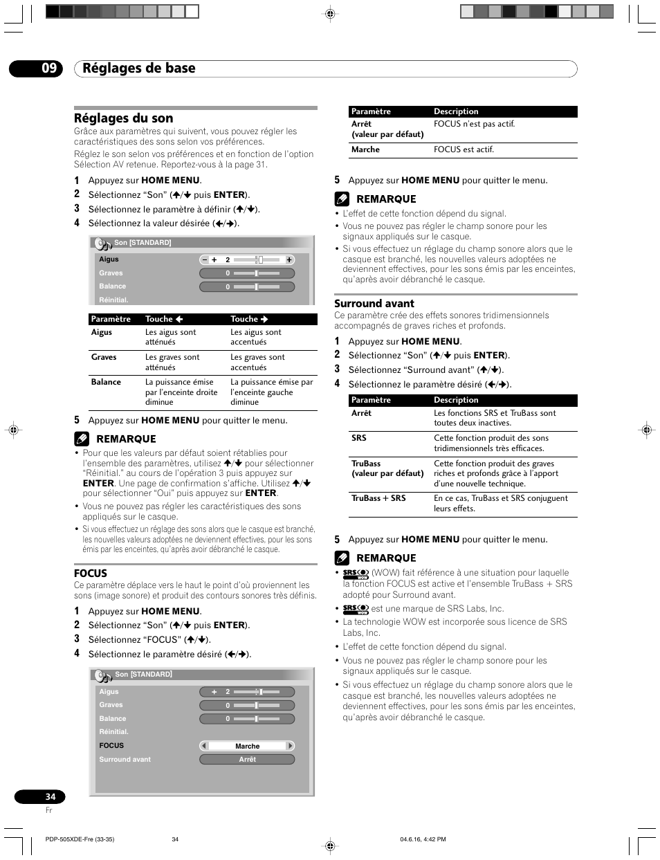 Réglages du son, Focus surround avant, 09 réglages de base | Pioneer PDP-505HDE User Manual | Page 92 / 176