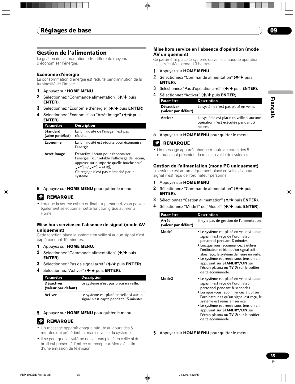 Gestion de l’alimentation, 09 réglages de base, Français | Pioneer PDP-505HDE User Manual | Page 93 / 176