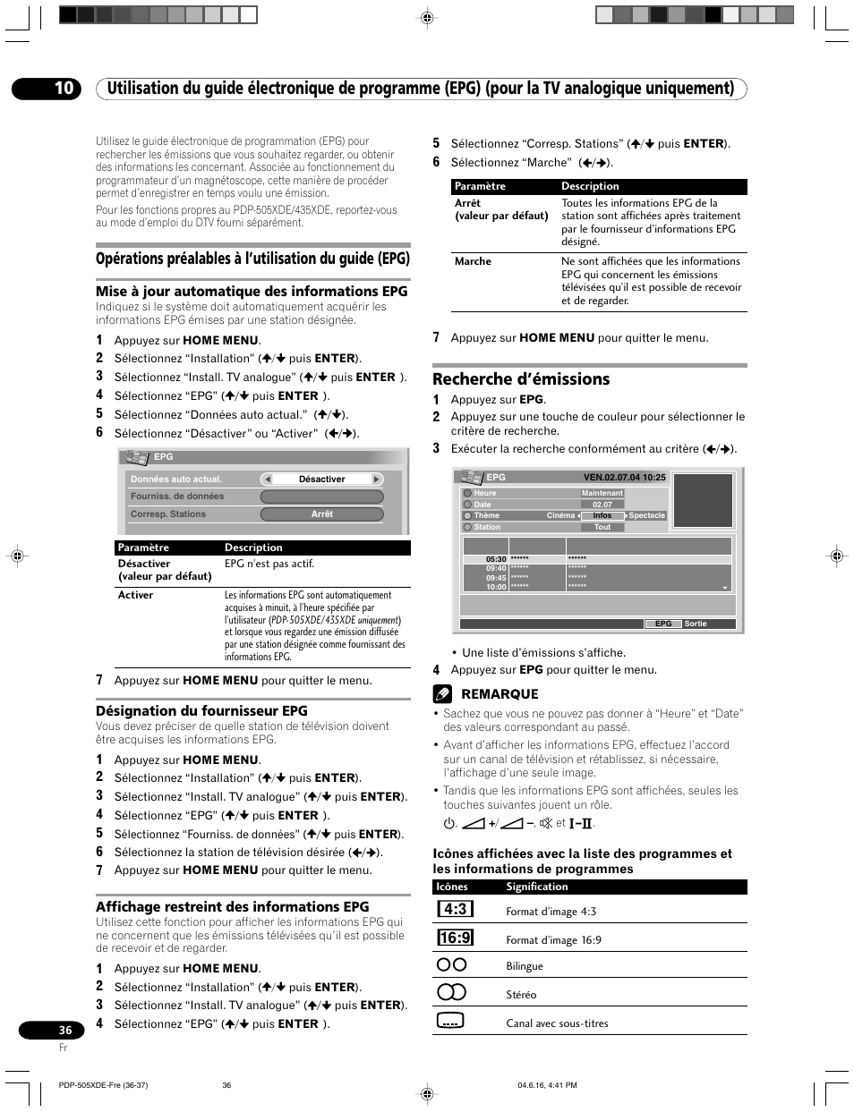 10 utilisation du guide électronique de, Programme (epg) (pour la tv analogique uniquement), Recherche d’émissions | Pioneer PDP-505HDE User Manual | Page 94 / 176