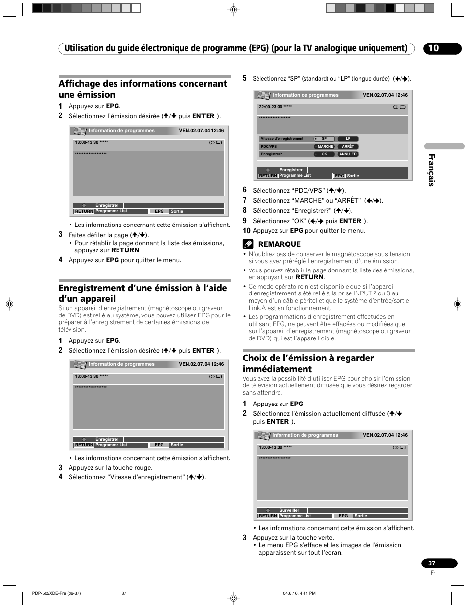 Affichage des informations concernant une émission, Choix de l’émission à regarder immédiatement, Français | Pioneer PDP-505HDE User Manual | Page 95 / 176