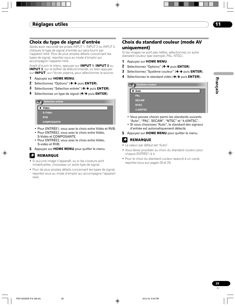 11 réglages utiles, Choix du standard couleur (mode av uniquement), Choix du type de signal d’entrée | Français | Pioneer PDP-505HDE User Manual | Page 97 / 176