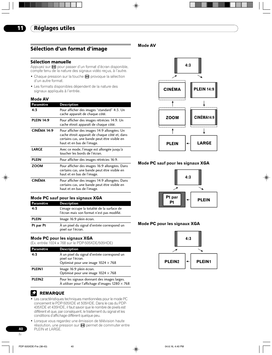 Sélection d’un format d’image, Sélection manuelle, 11 réglages utiles | Pioneer PDP-505HDE User Manual | Page 98 / 176