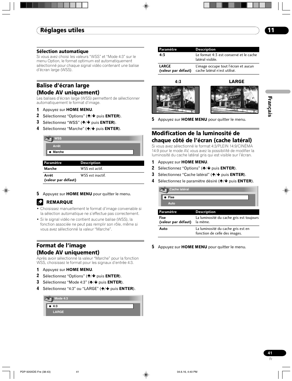 Sélection automatique, 11 réglages utiles, Balise d’écran large (mode av uniquement) | Format de l’image (mode av uniquement), Français | Pioneer PDP-505HDE User Manual | Page 99 / 176