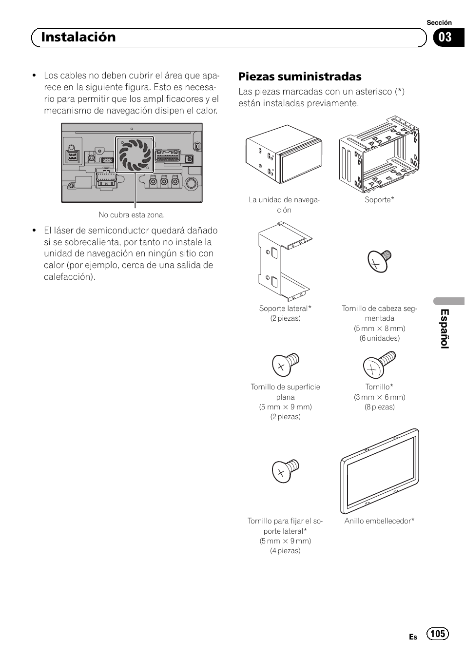 Piezas suministradas 105, 03 instalación, Piezas suministradas | Español | Pioneer AVIC-F40BT User Manual | Page 105 / 172