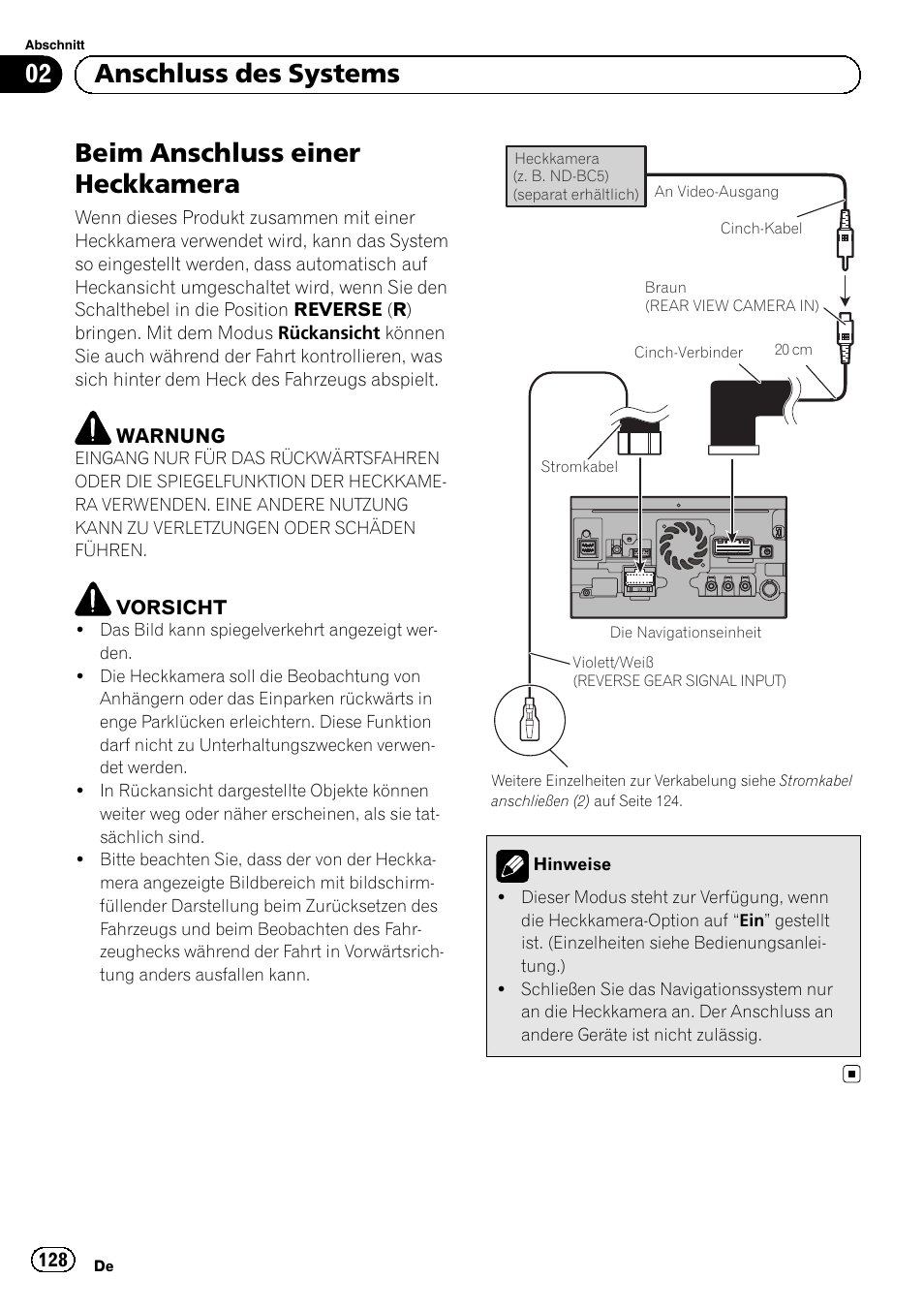 Beim anschluss einer heckkamera, 02 anschluss des systems | Pioneer AVIC-F40BT User Manual | Page 128 / 172