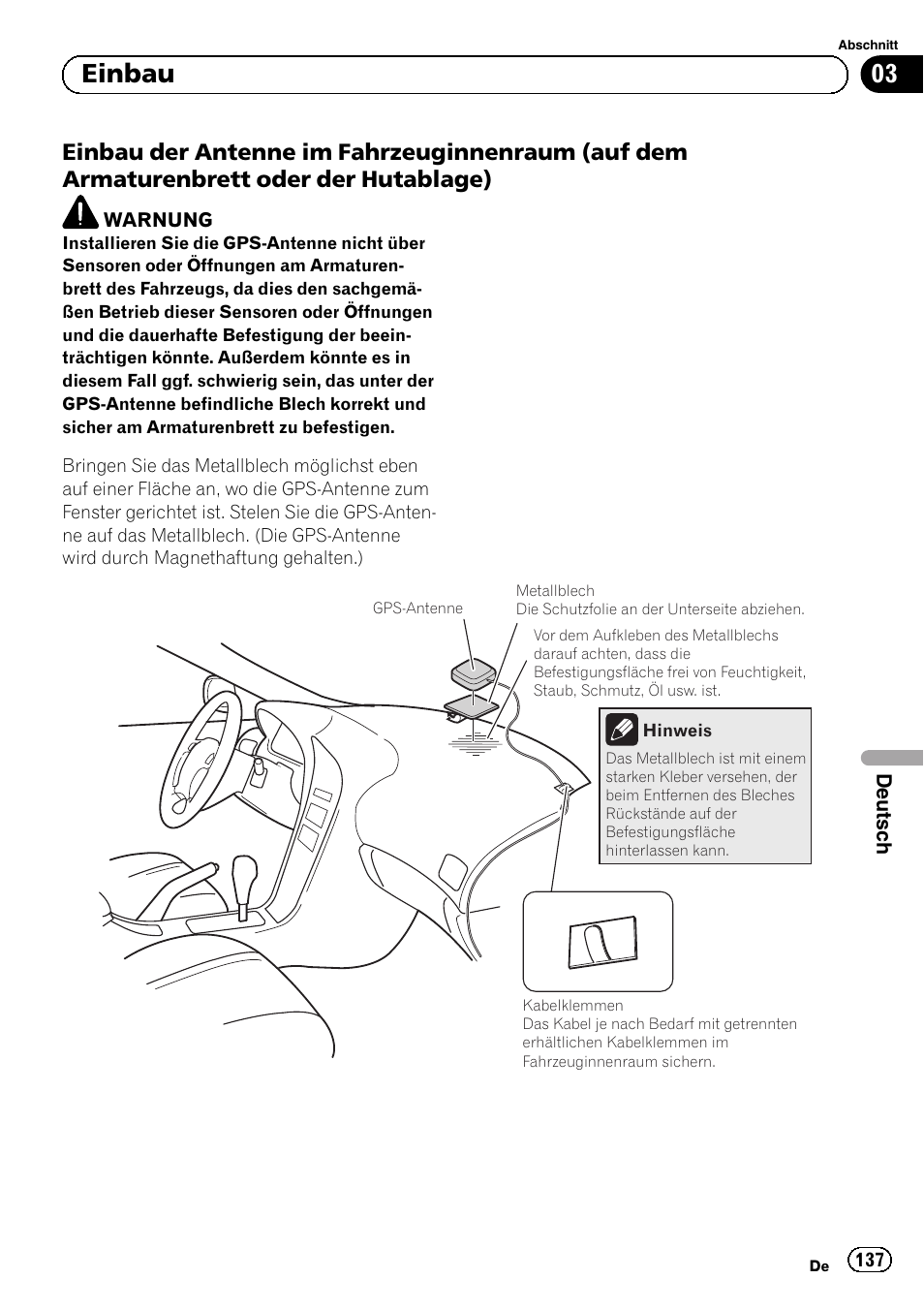 Einbau der antenne im, 03 einbau | Pioneer AVIC-F40BT User Manual | Page 137 / 172