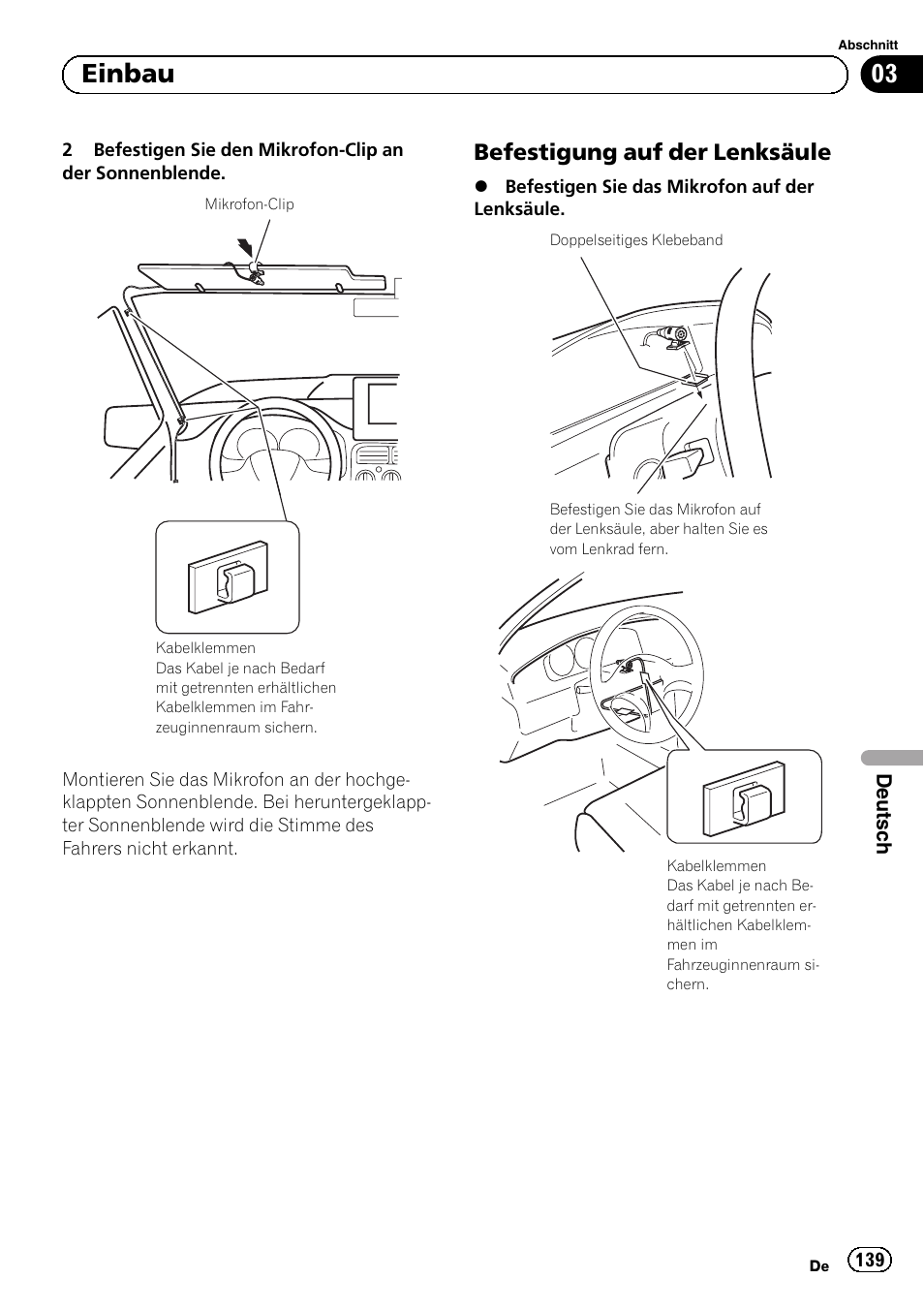 Befestigung auf der lenksäule 139, 03 einbau, Befestigung auf der lenksäule | Pioneer AVIC-F40BT User Manual | Page 139 / 172
