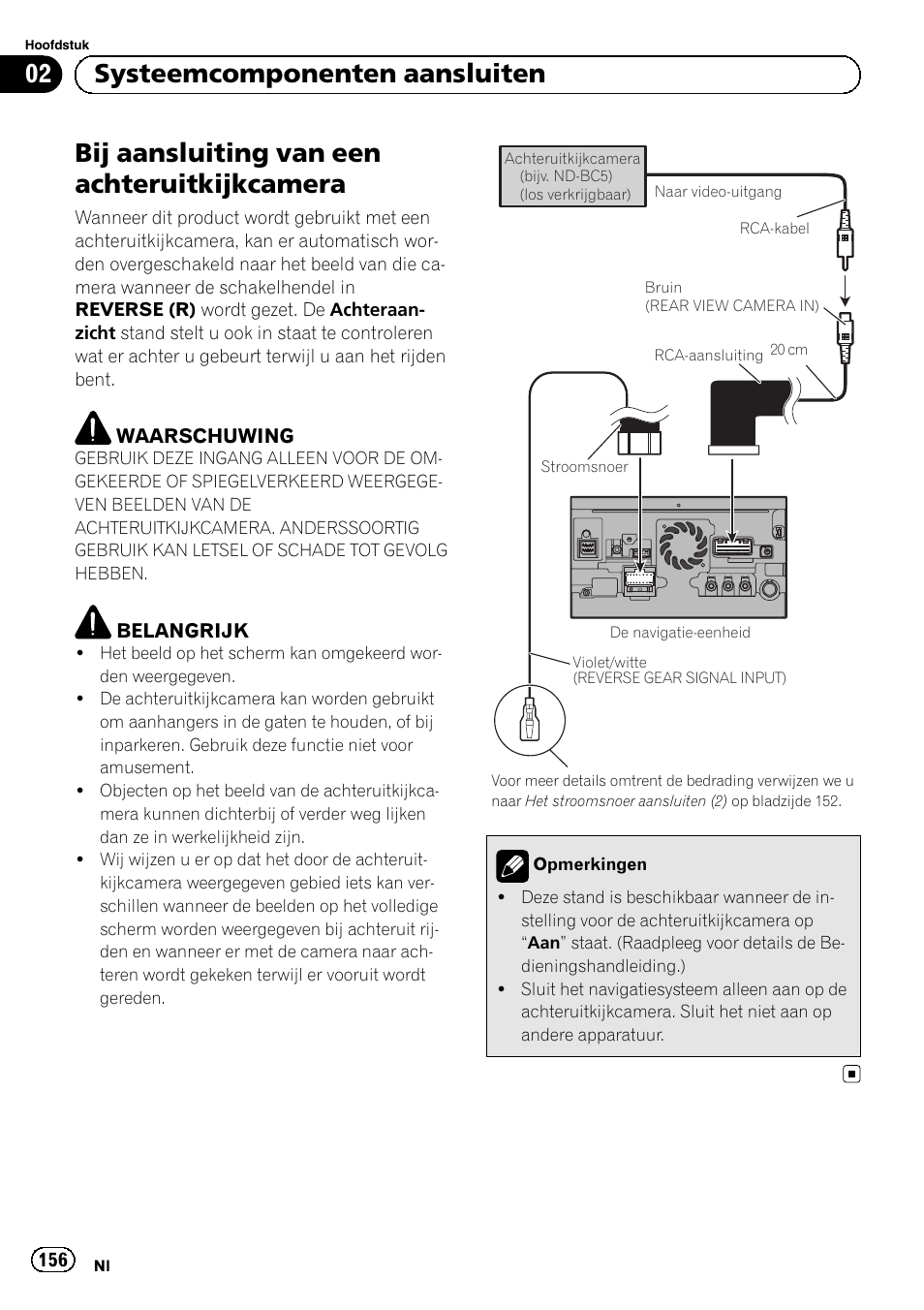 Bij aansluiting van een, Achteruitkijkcamera, Bij aansluiting van een achteruitkijkcamera | 02 systeemcomponenten aansluiten | Pioneer AVIC-F40BT User Manual | Page 156 / 172