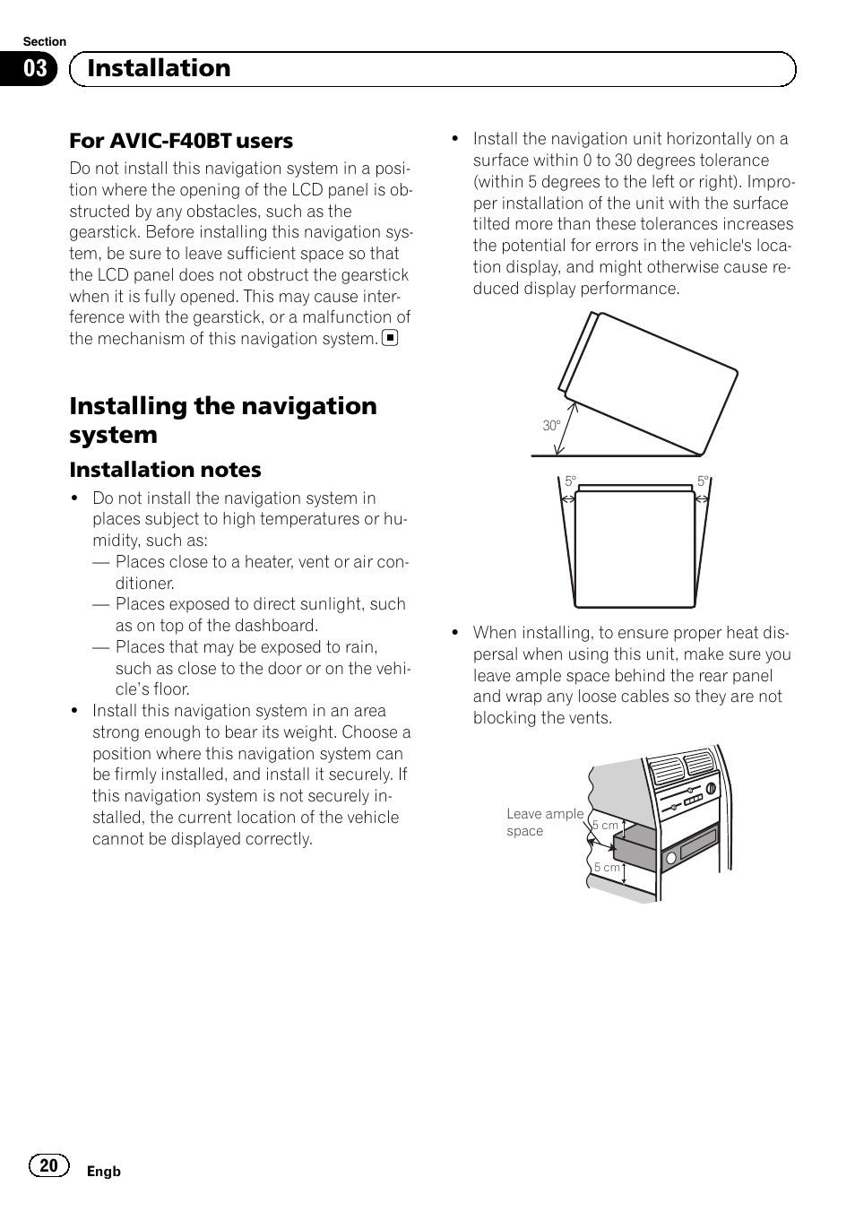 For avic-f40bt users 20, Installing the navigation system, Installation notes 20 | 03 installation, For avic-f40bt users | Pioneer AVIC-F40BT User Manual | Page 20 / 172