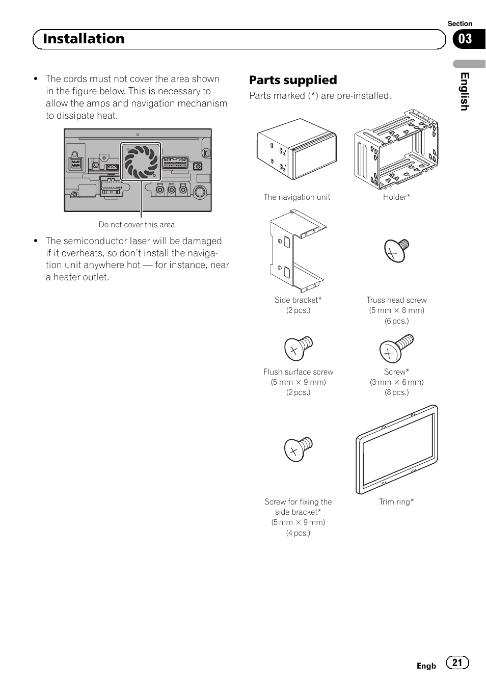 Parts supplied 21, 03 installation, Parts supplied | English | Pioneer AVIC-F40BT User Manual | Page 21 / 172