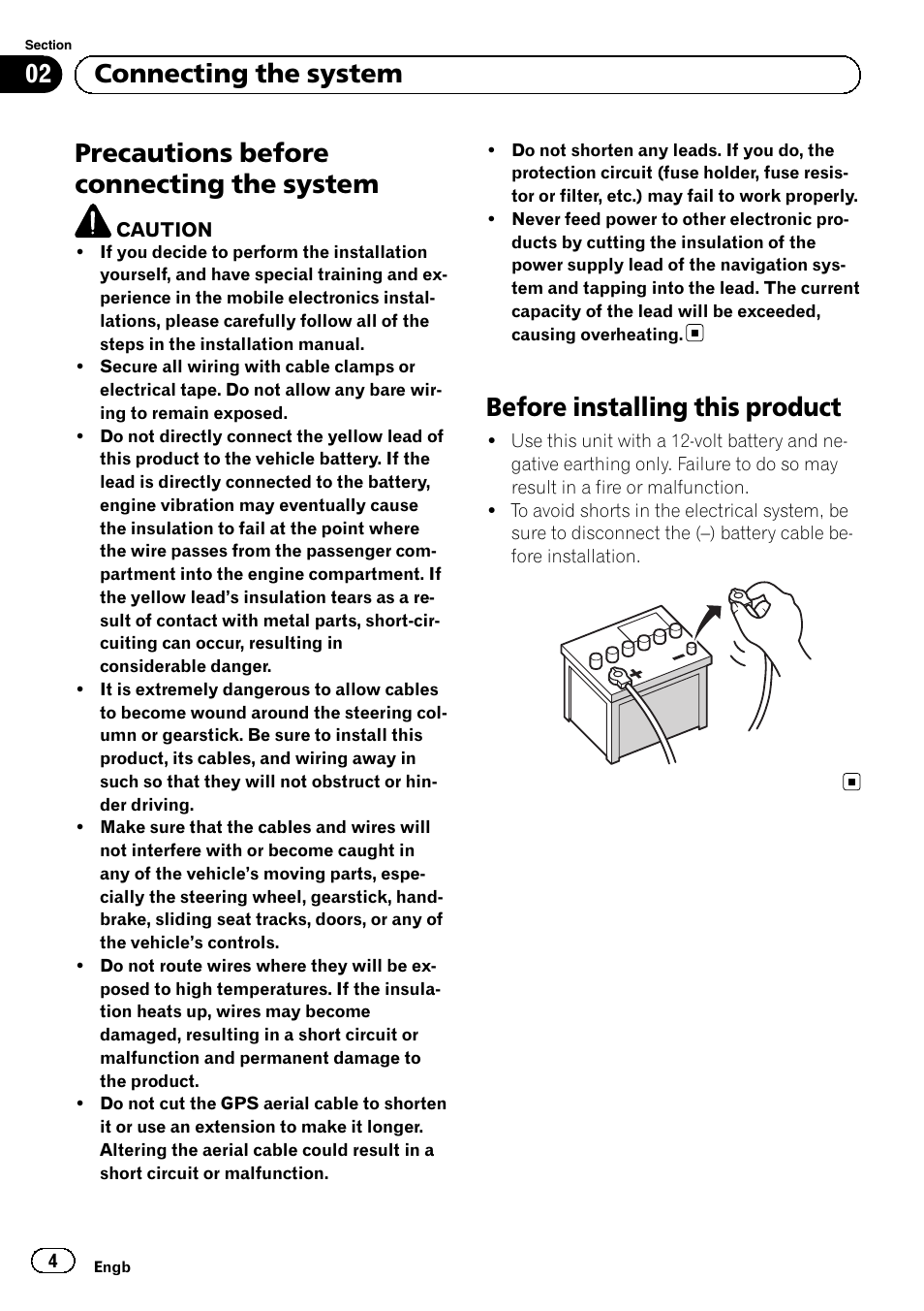 System, Before installing this product, Precautions before connecting the system | 02 connecting the system | Pioneer AVIC-F40BT User Manual | Page 4 / 172