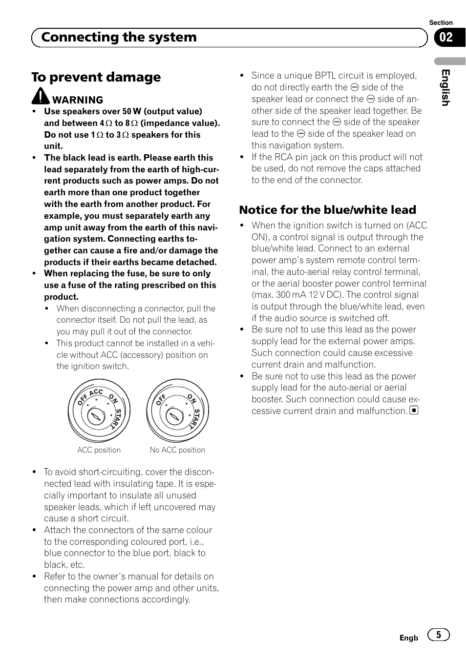 To prevent damage, Notice for the blue/white lead 5, 02 connecting the system | Notice for the blue/white lead, English | Pioneer AVIC-F40BT User Manual | Page 5 / 172