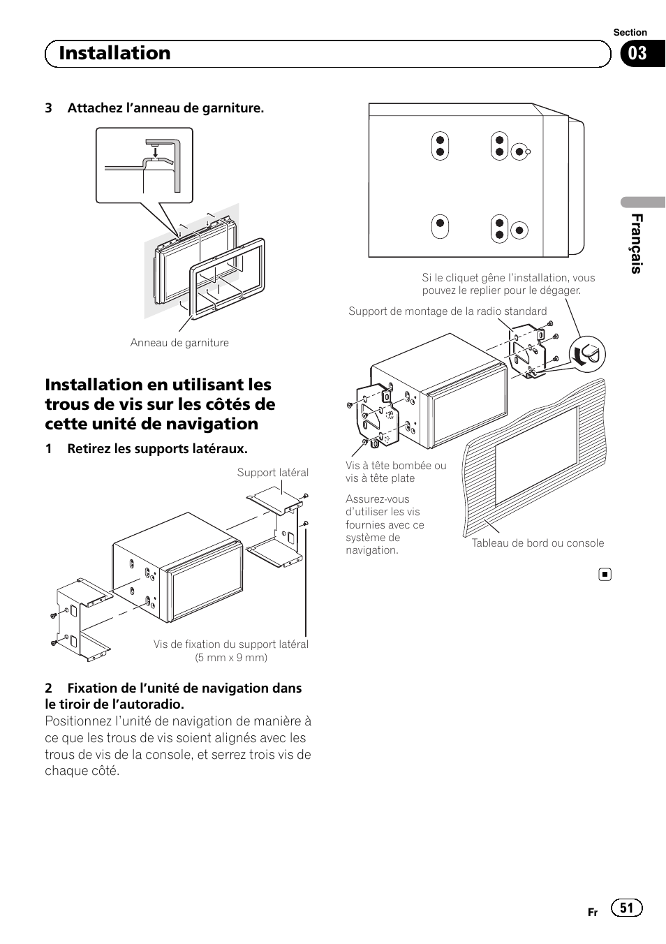 Installation en utilisant les trous de vis, Sur les côtés de cette unité de navigation, 03 installation | Pioneer AVIC-F40BT User Manual | Page 51 / 172