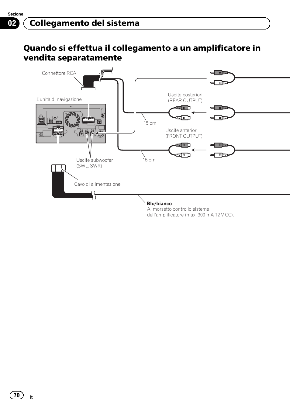 Quando si effettua il collegamento a un, Amplificatore in vendita separatamente, 02 collegamento del sistema | Pioneer AVIC-F40BT User Manual | Page 70 / 172