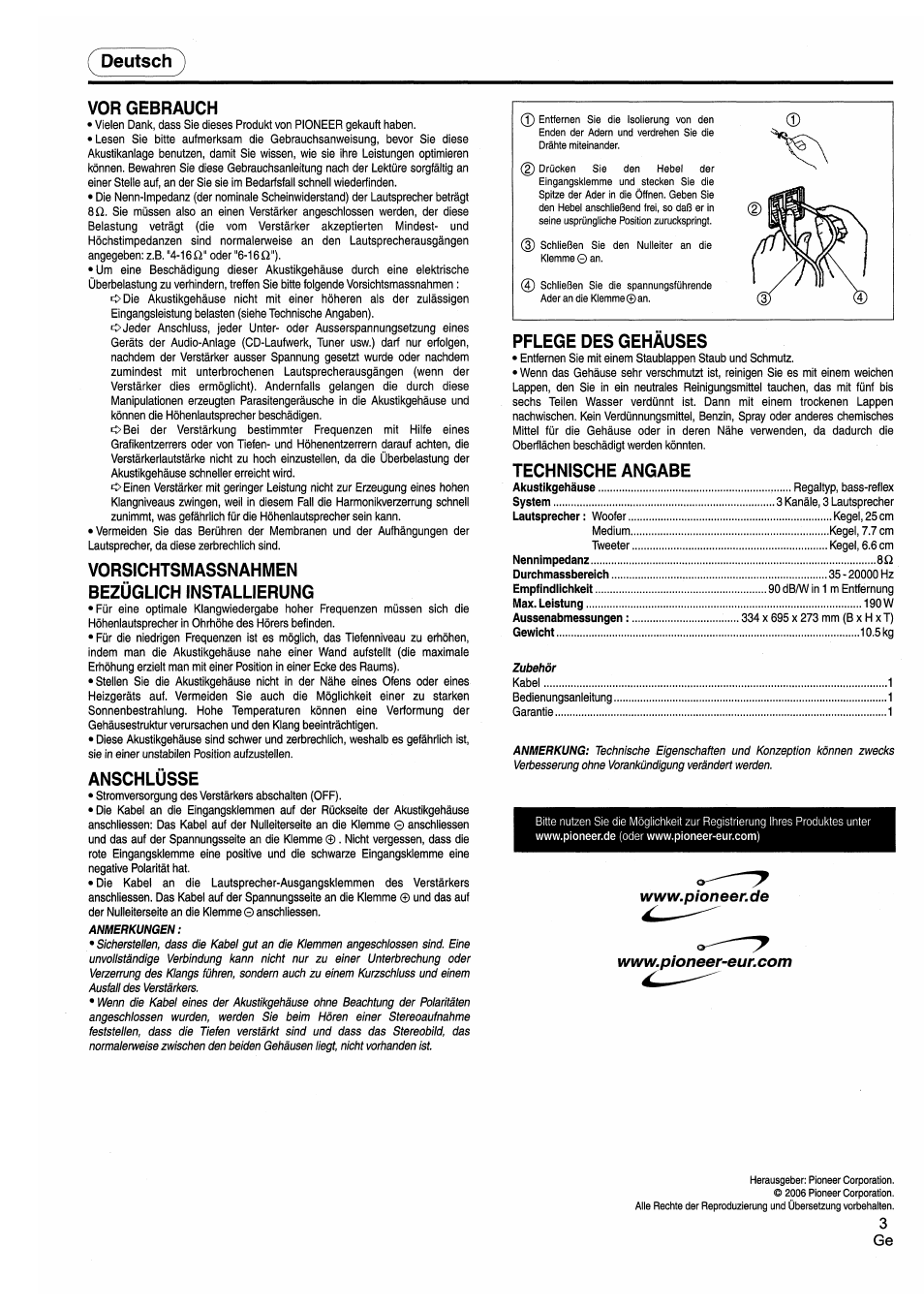 Deutsch, Vor gebrauch, Vorsichtsmassnahmen bezüglich installierung | Anschlüsse, Pflege des gehäuses, Technische angabe, Deutsch vor gebrauch | Pioneer CS-7070 User Manual | Page 3 / 8