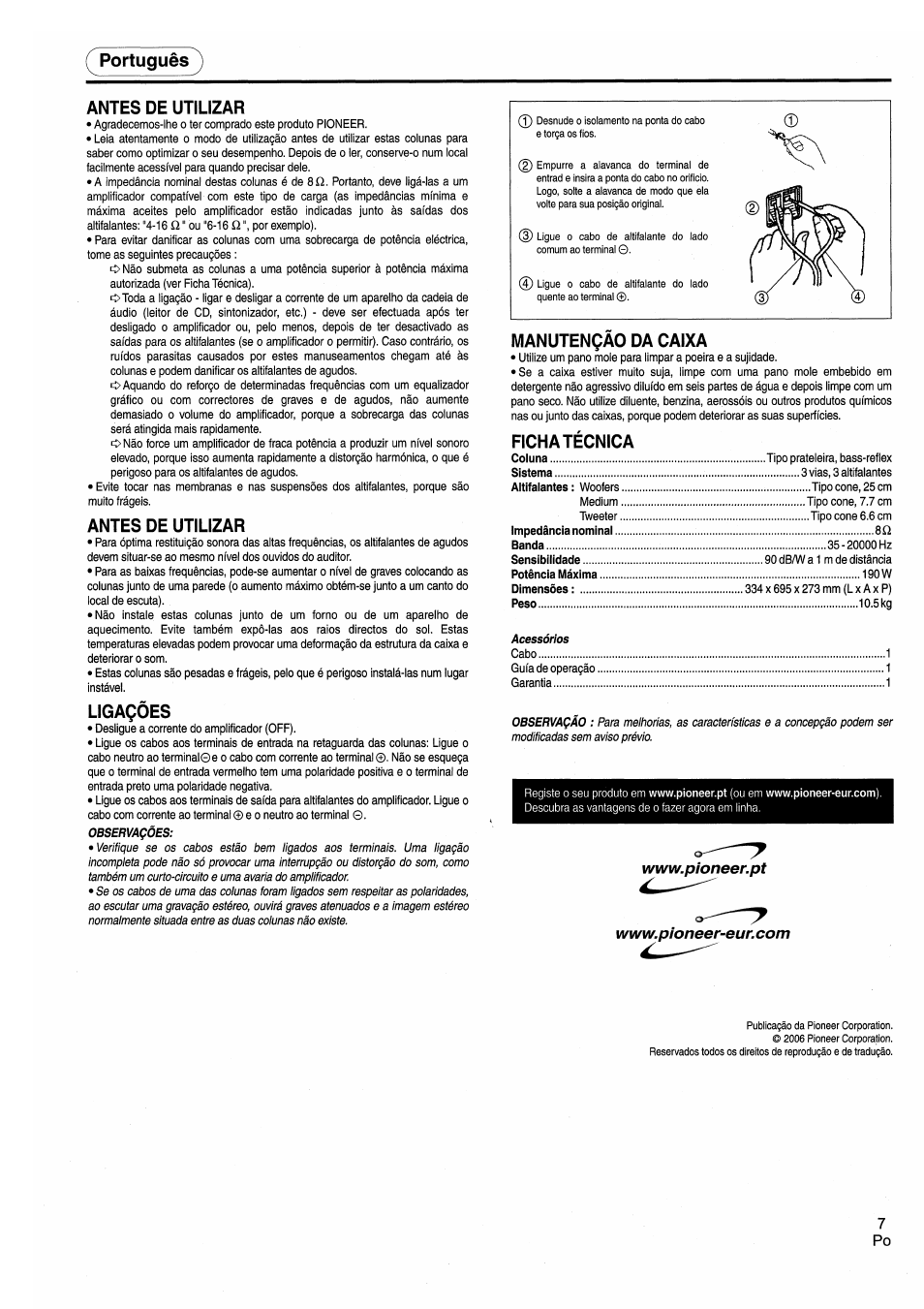 Portugués, Antes de utilizar, Ligaqóes | Manutençao da caixa, Ficha técnica, Portugués antes de utilizar | Pioneer CS-7070 User Manual | Page 7 / 8