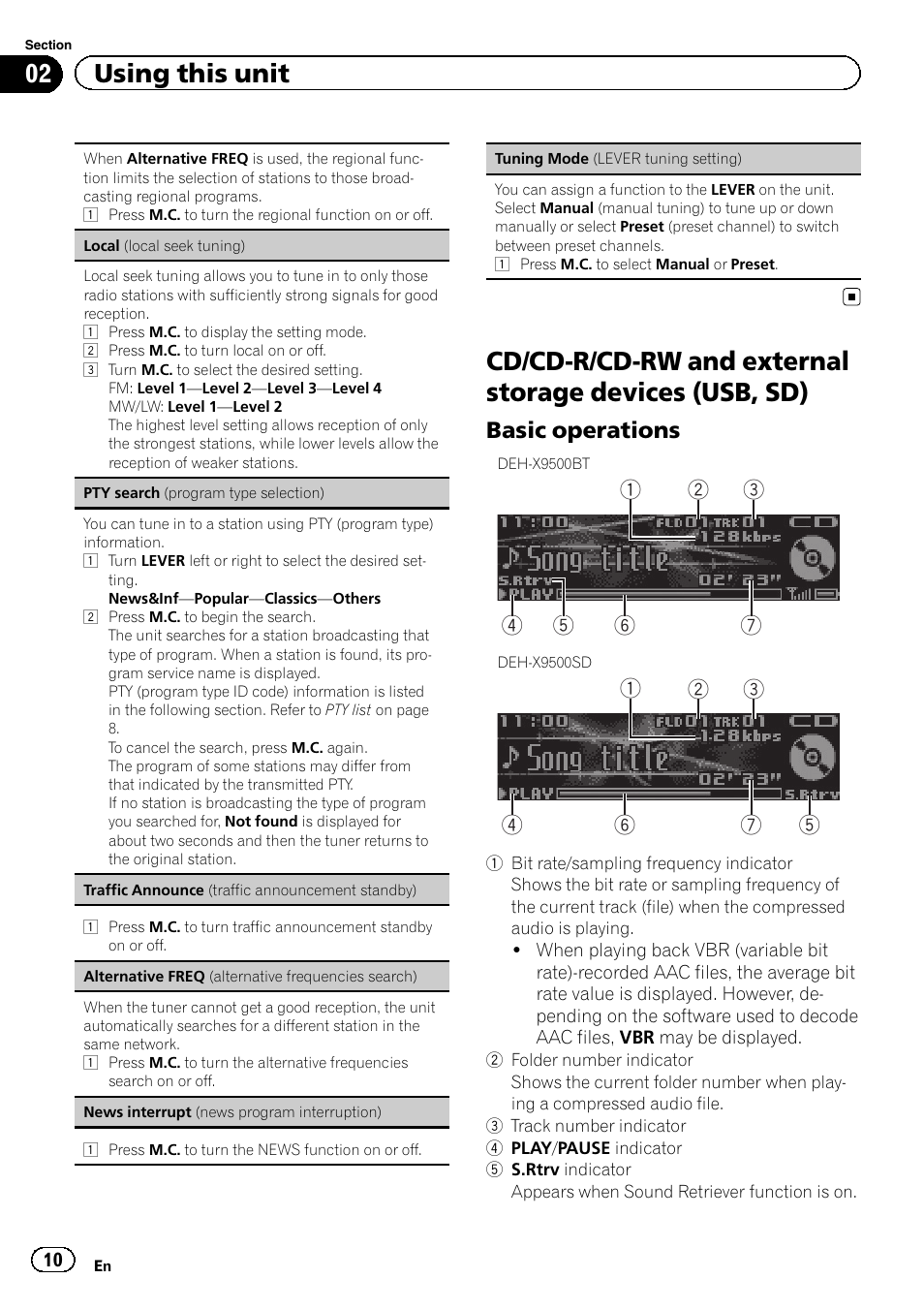 Cd/cd-r/cd-rw and external storage, Devices (usb, sd), Tuning mode (lever tuning set | 02 using this unit, Basic operations | Pioneer DEH-X9500BT User Manual | Page 10 / 40